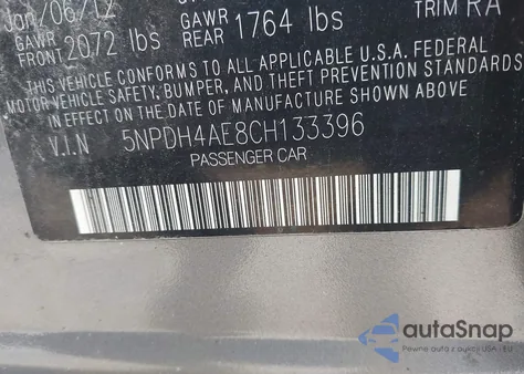 2012 Hyundai Elantra Gls z USA, uszkodzony, nr VIN 5NPDH4AE8CH133396